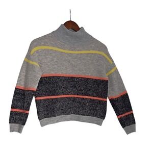THML Gray Stripe Fuzzy Cropped Mock Neck Sweater Neon Yellow Womens S